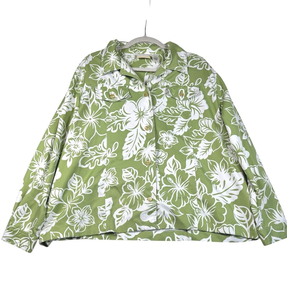 Alfred Dunner Woman 22W Green‎ Floral Button Down Long Sleeve jacket blazer
